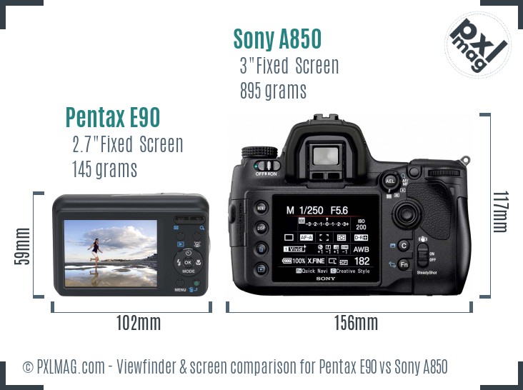 Pentax E90 vs Sony A850 Screen and Viewfinder comparison