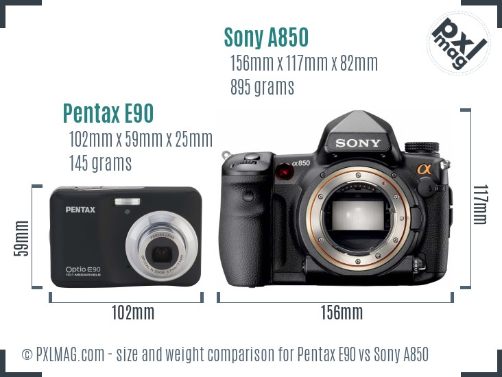 Pentax E90 vs Sony A850 size comparison