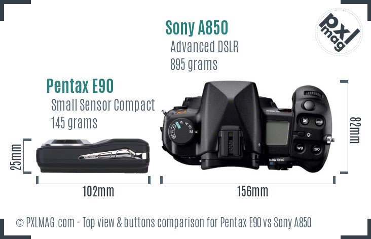 Pentax E90 vs Sony A850 top view buttons comparison