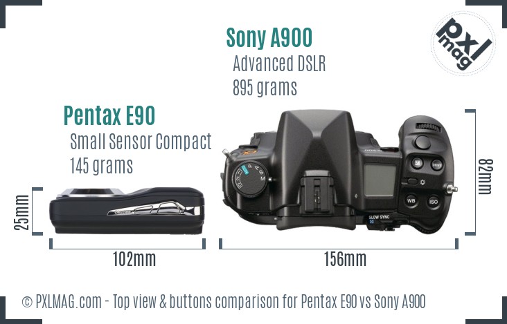 Pentax E90 vs Sony A900 top view buttons comparison