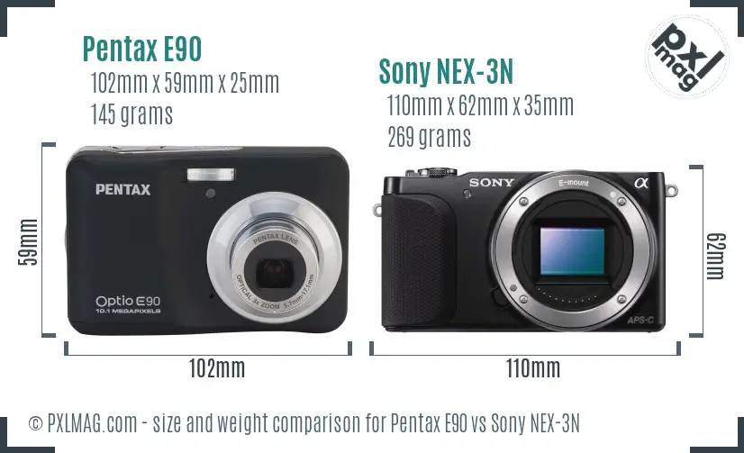 Pentax E90 vs Sony NEX-3N size comparison