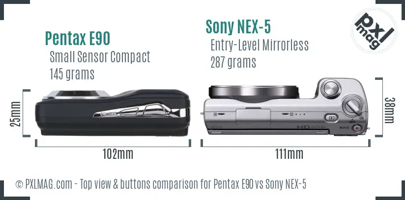 Pentax E90 vs Sony NEX-5 top view buttons comparison Pentax E90 vs Sony NEX-5 top view buttons comparison