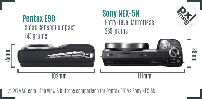 Pentax E90 vs Sony NEX-5N top view buttons comparison