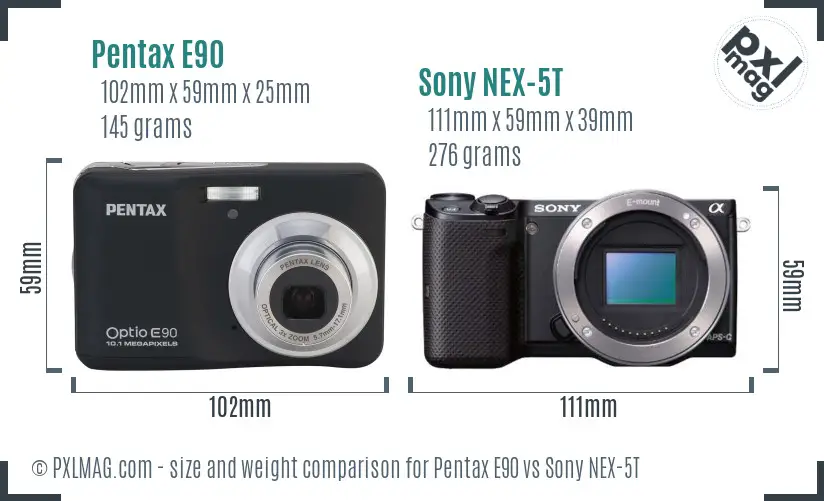 Pentax E90 vs Sony NEX-5T size comparison