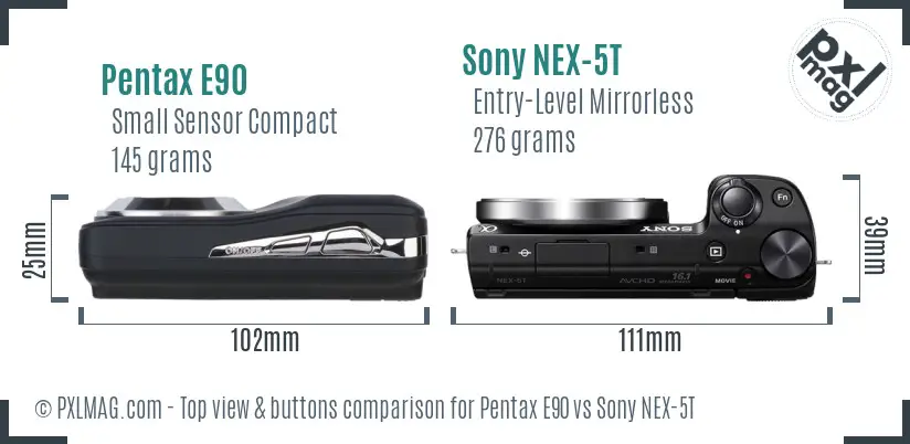 Pentax E90 vs Sony NEX-5T top view buttons comparison