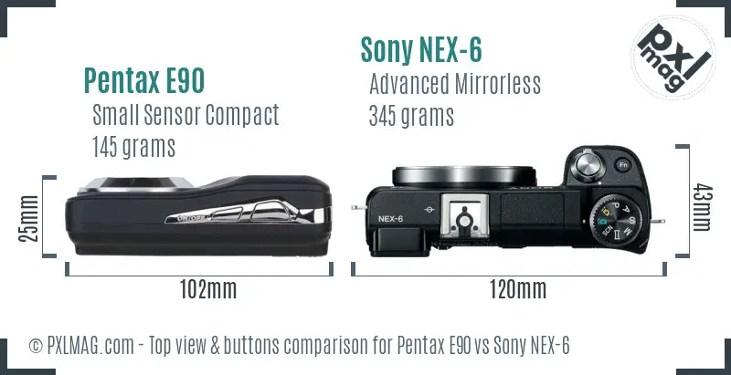 Pentax E90 vs Sony NEX-6 top view buttons comparison