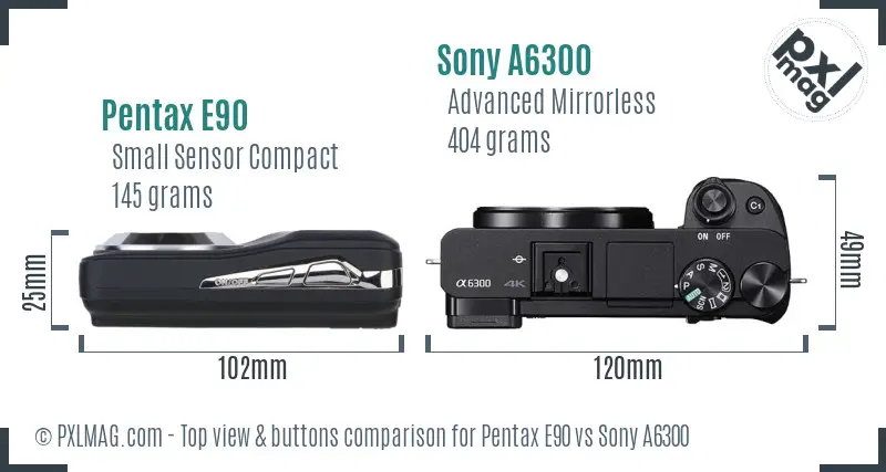 Pentax E90 vs Sony A6300 top view buttons comparison