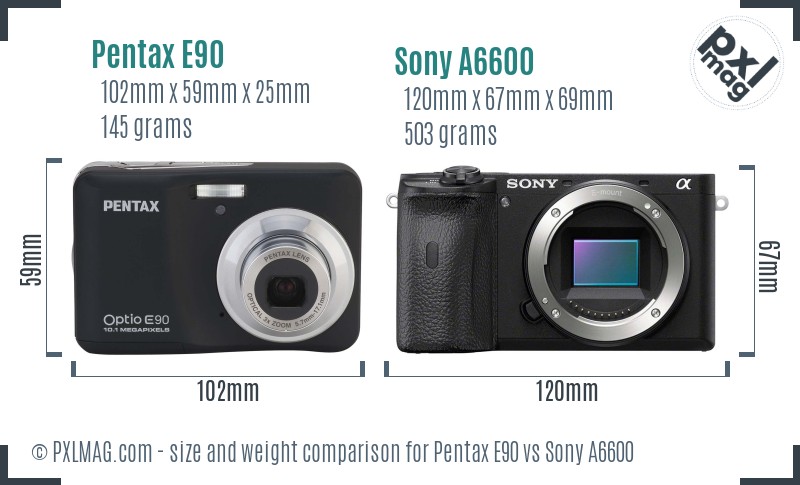 Pentax E90 vs Sony A6600 size comparison