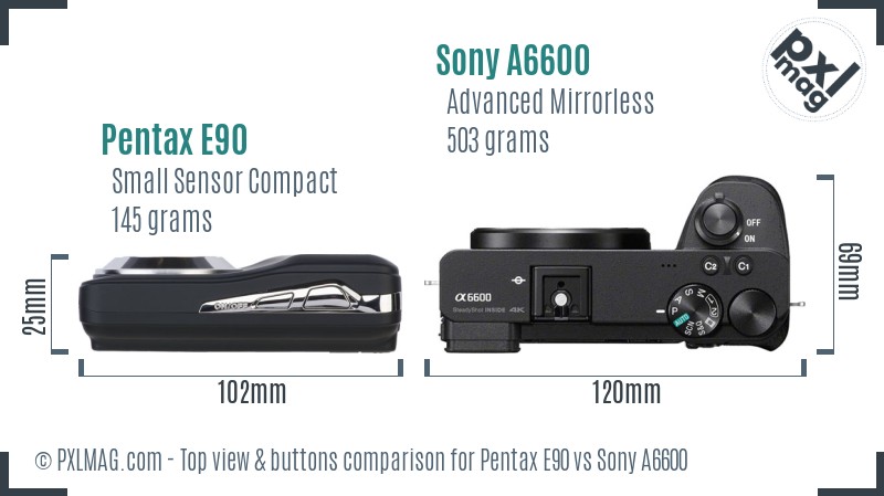 Pentax E90 vs Sony A6600 top view buttons comparison