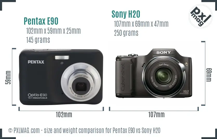 Pentax E90 vs Sony H20 size comparison
