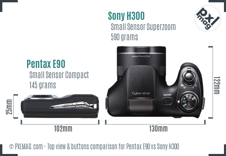 Pentax E90 vs Sony H300 top view buttons comparison