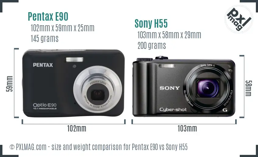 Pentax E90 vs Sony H55 size comparison