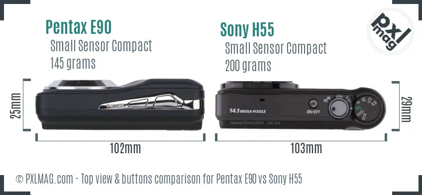 Pentax E90 vs Sony H55 top view buttons comparison