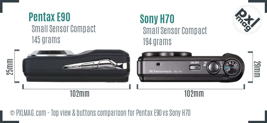 Pentax E90 vs Sony H70 top view buttons comparison