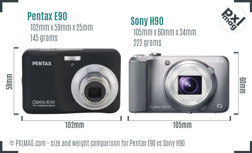 Pentax E90 vs Sony H90 size comparison