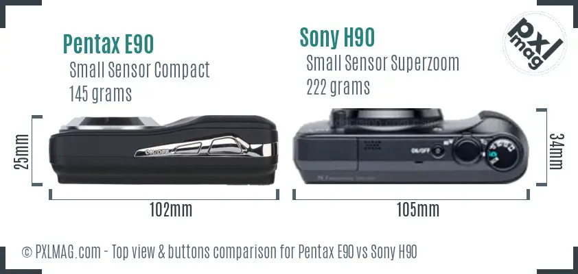 Pentax E90 vs Sony H90 top view buttons comparison