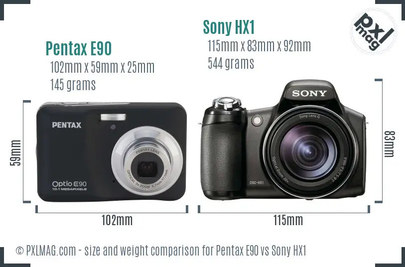 Pentax E90 vs Sony HX1 size comparison