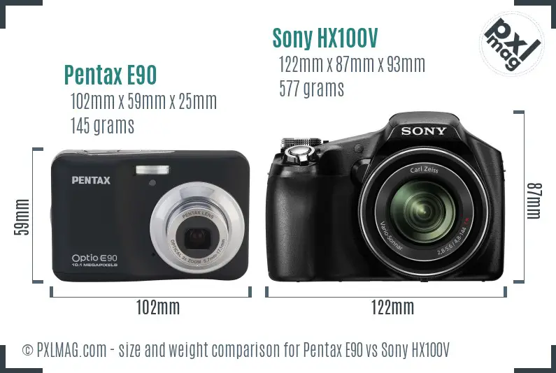 Pentax E90 vs Sony HX100V size comparison