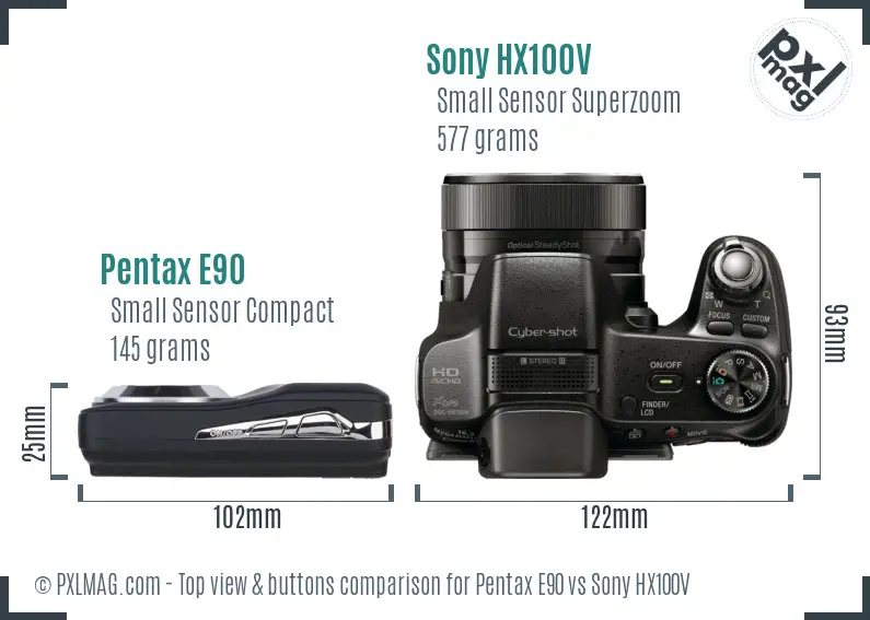Pentax E90 vs Sony HX100V top view buttons comparison