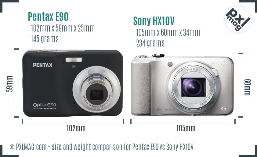 Pentax E90 vs Sony HX10V size comparison