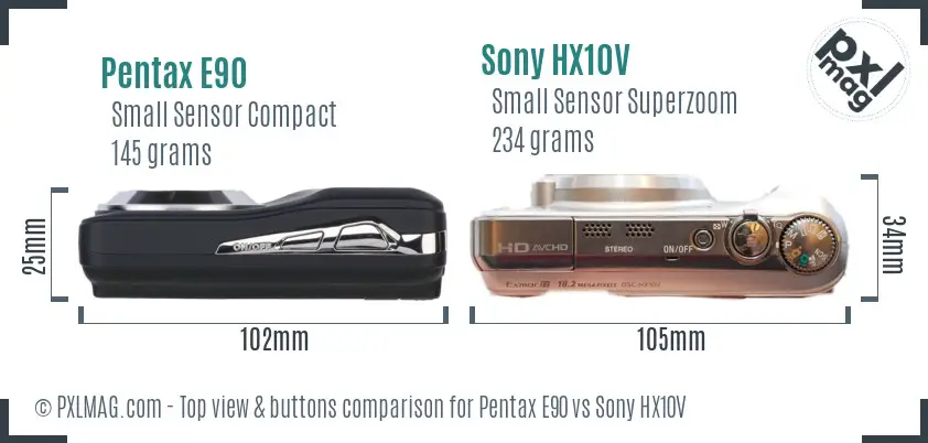 Pentax E90 vs Sony HX10V top view buttons comparison