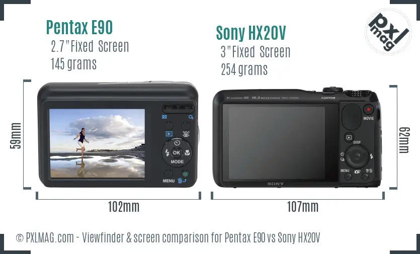 Pentax E90 vs Sony HX20V Screen and Viewfinder comparison