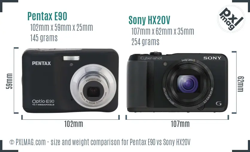 Pentax E90 vs Sony HX20V size comparison