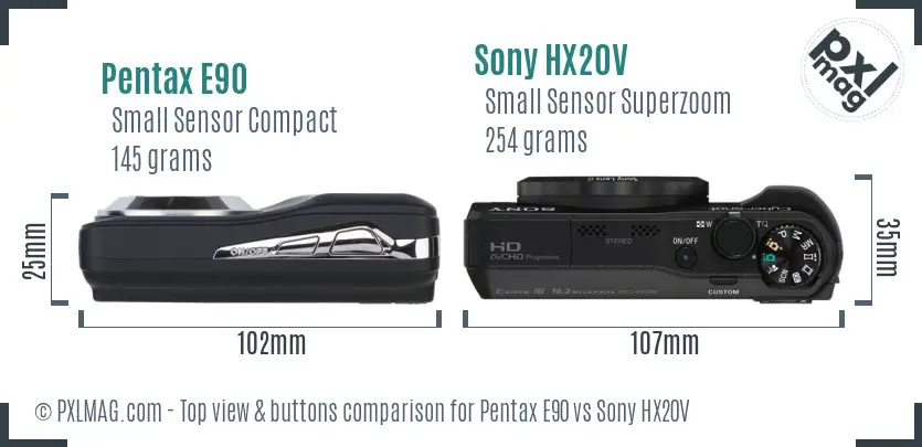 Pentax E90 vs Sony HX20V top view buttons comparison