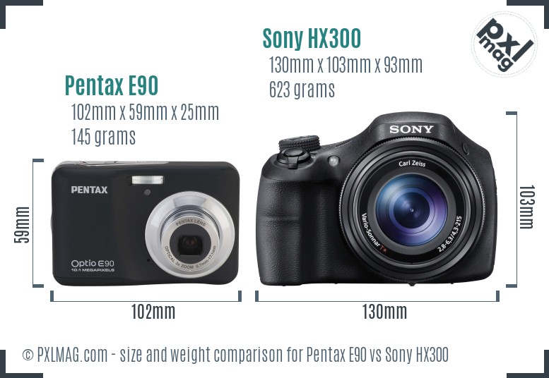 Pentax E90 vs Sony HX300 size comparison
