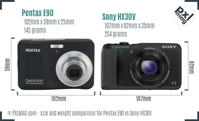 Pentax E90 vs Sony HX30V size comparison