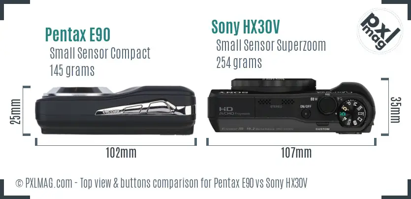 Pentax E90 vs Sony HX30V top view buttons comparison