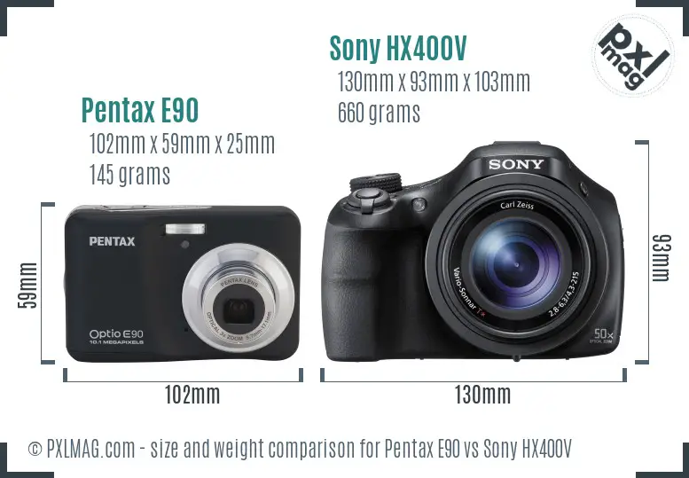 Pentax E90 vs Sony HX400V size comparison