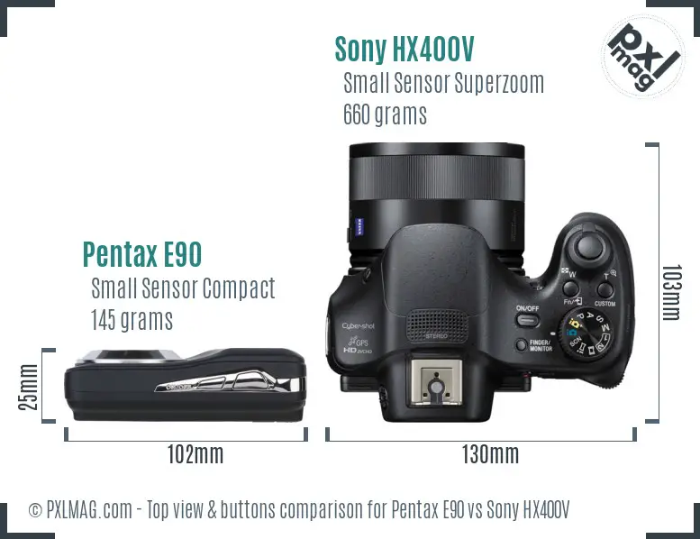 Pentax E90 vs Sony HX400V top view buttons comparison