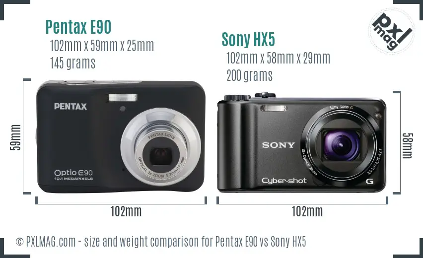 Pentax E90 vs Sony HX5 size comparison