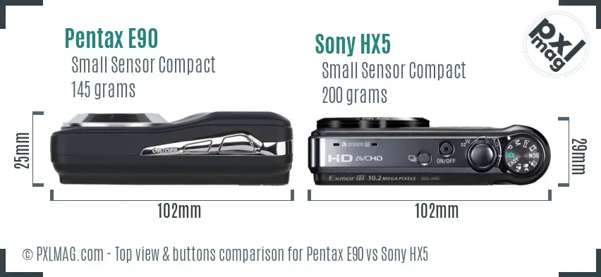 Pentax E90 vs Sony HX5 top view buttons comparison