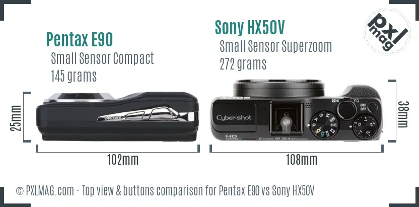Pentax E90 vs Sony HX50V top view buttons comparison Pentax E90 vs Sony HX50V top view buttons comparison