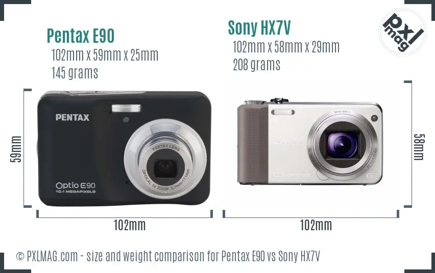 Pentax E90 vs Sony HX7V size comparison