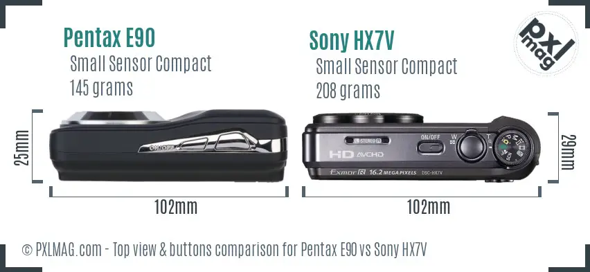 Pentax E90 vs Sony HX7V top view buttons comparison