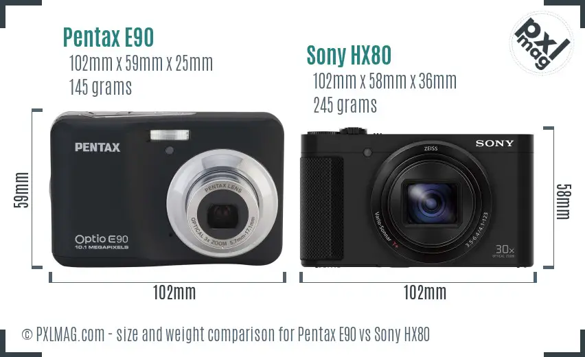Pentax E90 vs Sony HX80 size comparison