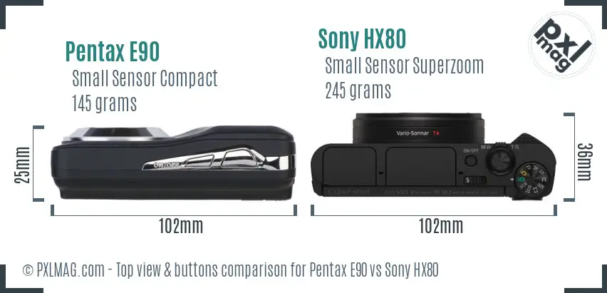 Pentax E90 vs Sony HX80 top view buttons comparison