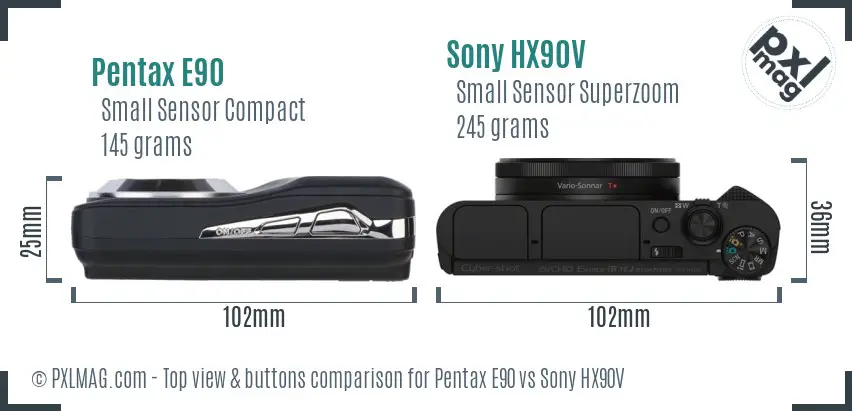 Pentax E90 vs Sony HX90V top view buttons comparison