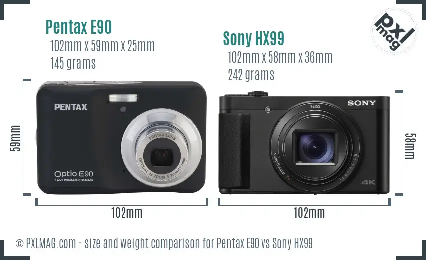 Pentax E90 vs Sony HX99 size comparison