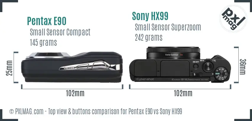 Pentax E90 vs Sony HX99 top view buttons comparison