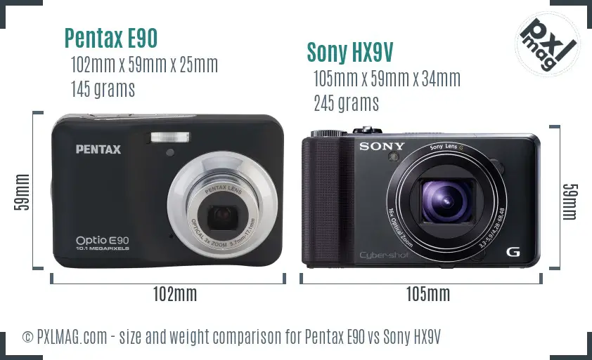 Pentax E90 vs Sony HX9V size comparison