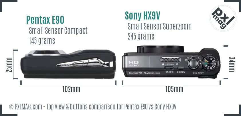 Pentax E90 vs Sony HX9V top view buttons comparison