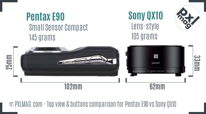 Pentax E90 vs Sony QX10 top view buttons comparison