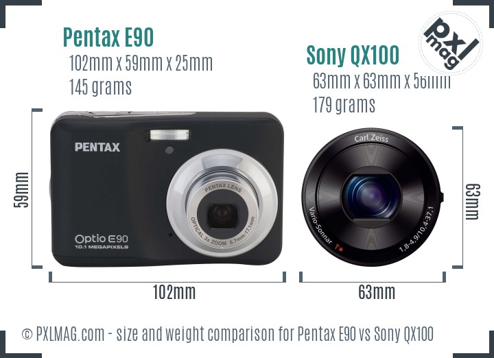 Pentax E90 vs Sony QX100 size comparison