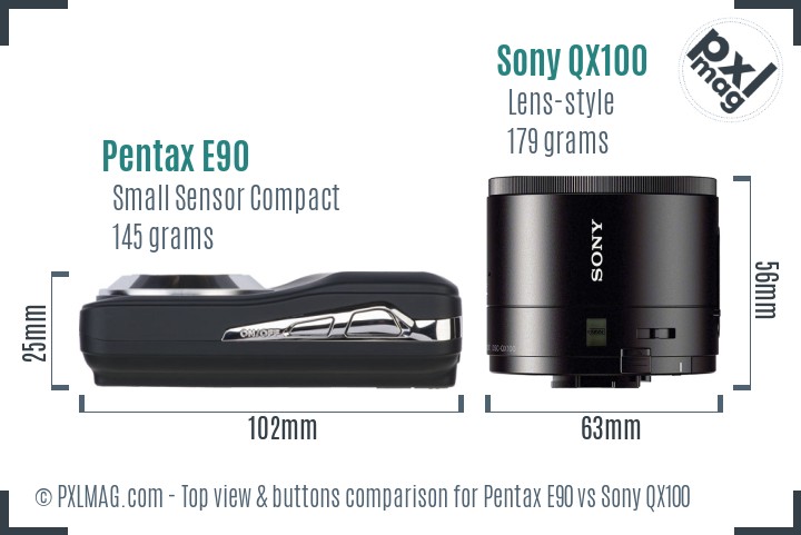 Pentax E90 vs Sony QX100 top view buttons comparison