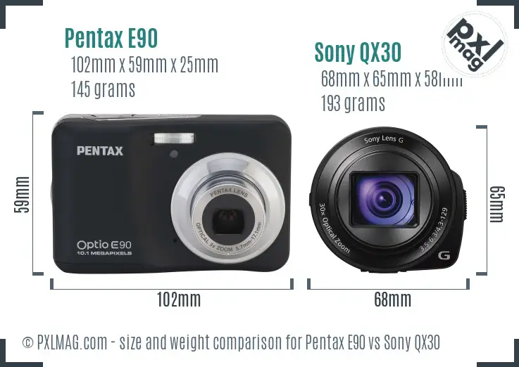 Pentax E90 vs Sony QX30 size comparison