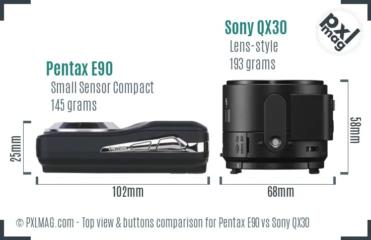 Pentax E90 vs Sony QX30 top view buttons comparison